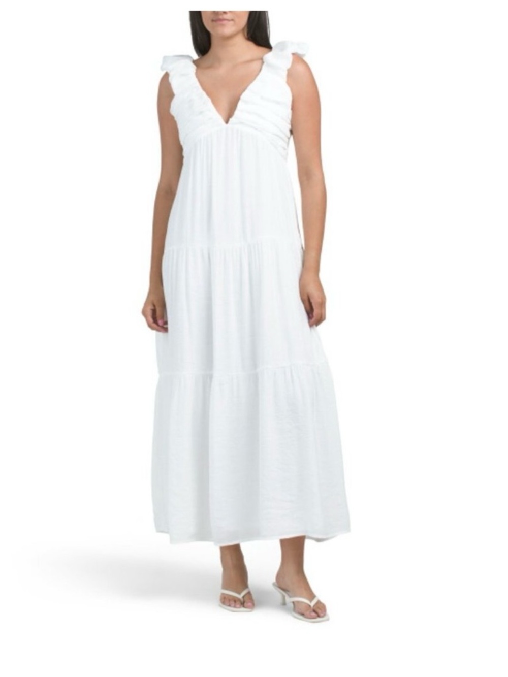 Hunter and Brown Ruffled V-Neck White Tiered Maxi Dress